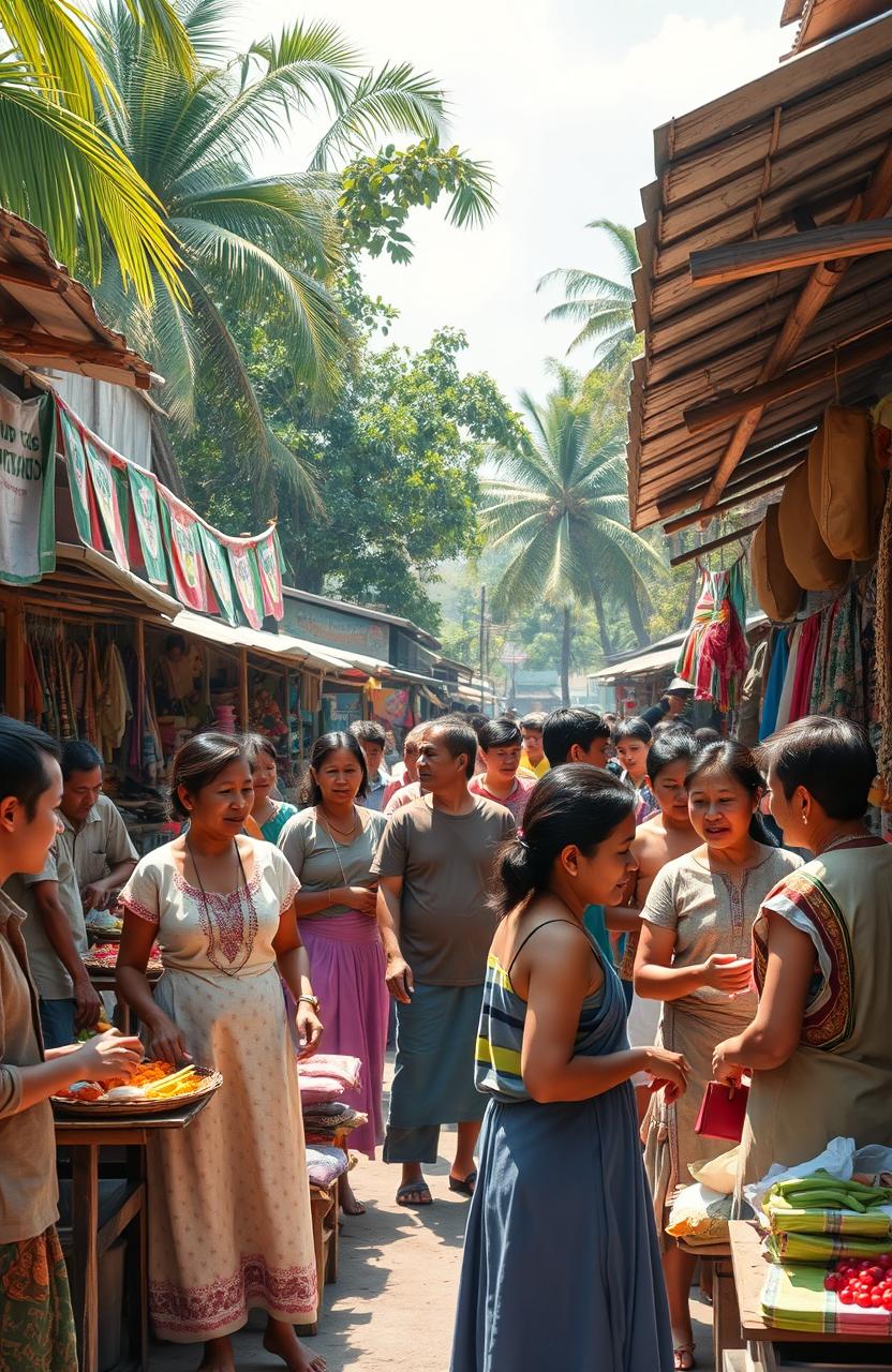 A scene portraying a group of people in a modest street market, with traditional stalls selling handmade crafts and local food
