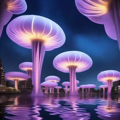 In the futuristic city, floating anemone-shaped structures illuminated the night sky, creating a surreal atmosphere.