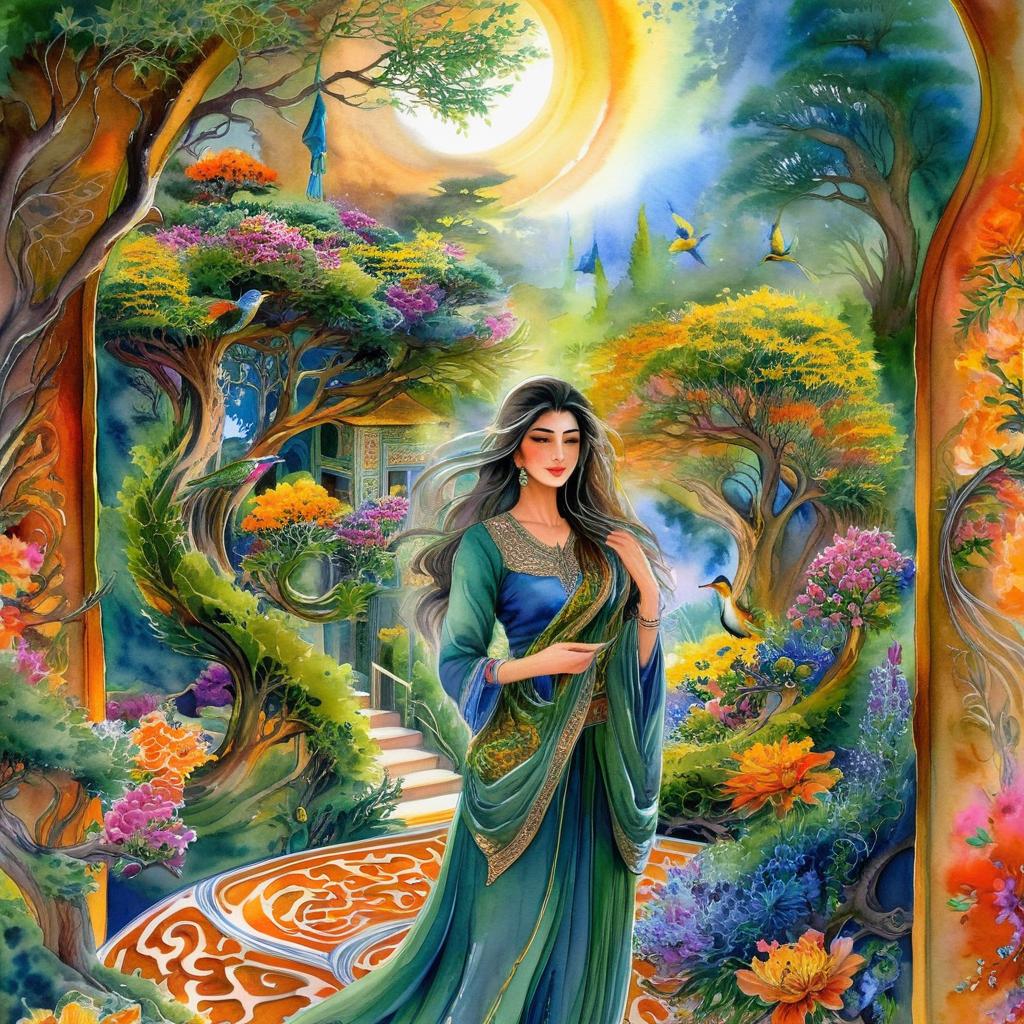 A mystical and spiritual watercolor painting of a beautiful Iranian woman standing inside a beautiful Iranian home amidst a swirl of colorful flowers, a maze of asymmetrical bonsai trees, cypress trees, grapevines, a whirlwind of beautiful little birds, and silk carpets in shades of green, blue, and yellow.