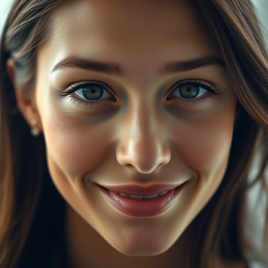 An intimate close-up portrait of a beautiful young woman with radiant skin and captivating eyes, showcasing her alluring smile and delicate features