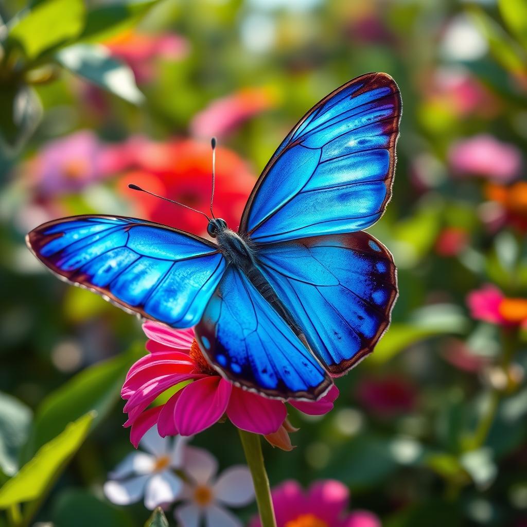 A stunning blue butterfly gracefully perched on a vibrant flower, showcasing intricate wing patterns with shades of azure and cobalt