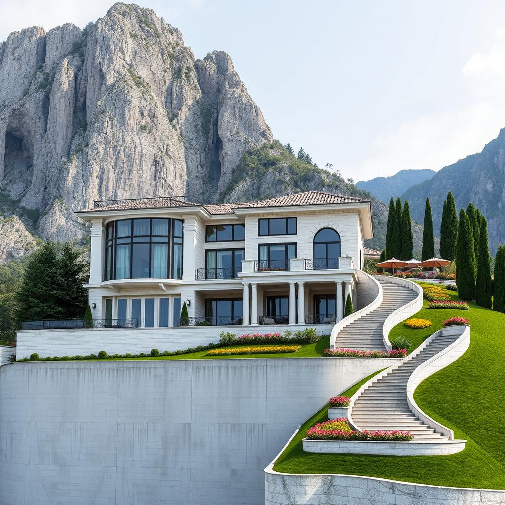 A stunning two-story luxurious house situated at the base of tall mountains, resting on a 4-meter high concrete wall