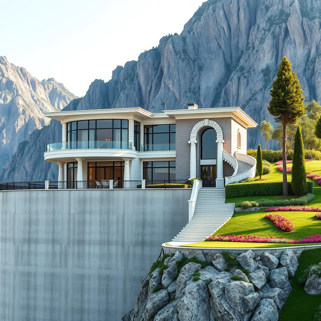 A luxurious two-story house situated on a 4-meter tall concrete wall at the base of tall mountains, featuring a stunning blend of modern and classical architecture