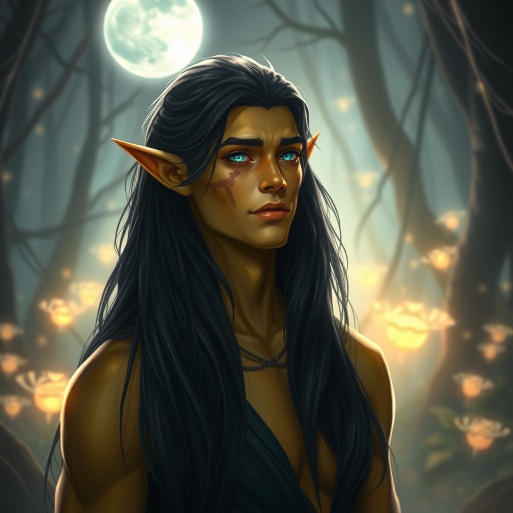 A male moon elf standing majestically in a mystical forest, featuring yellow copper-colored skin that gleams under the moonlight