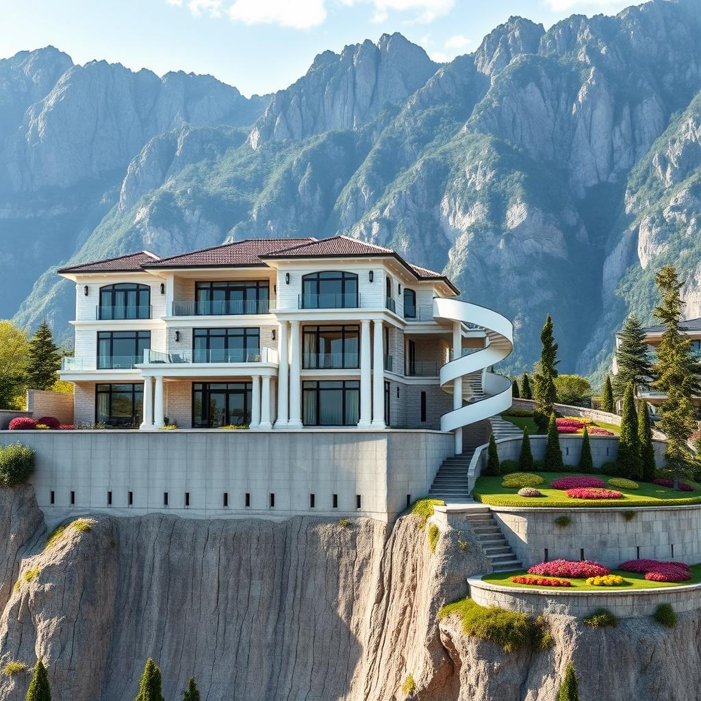 A luxurious two-story house situated on a 4-meter high concrete wall, nestled at the foothills of tall mountains