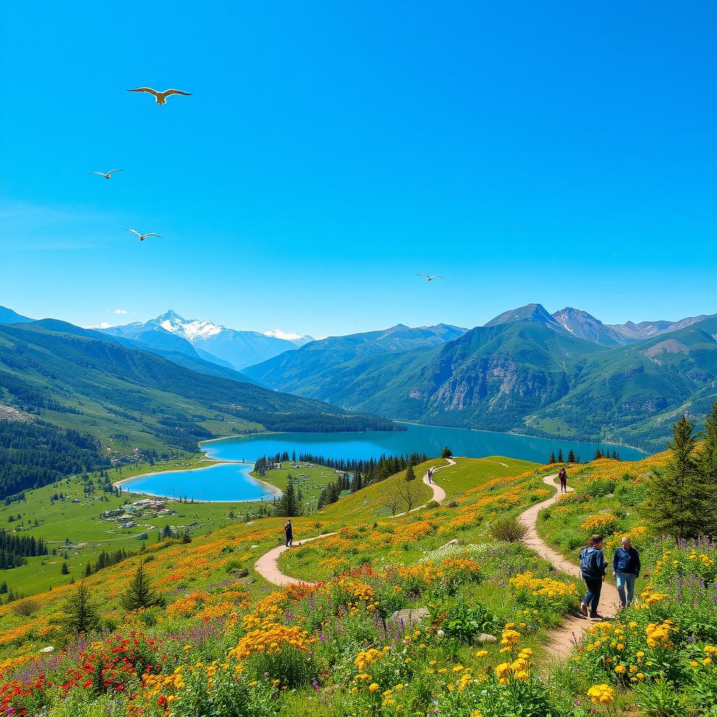 A stunning scenic view depicting a healthy and beautiful natural environment during a trip, with lush green landscapes, vibrant wildflowers, and a clear blue sky