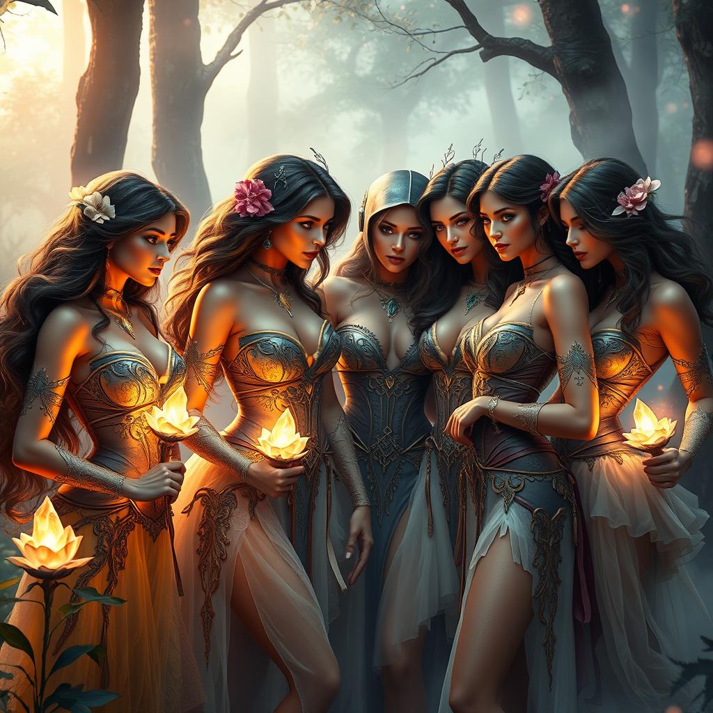 A fantasy scene depicting a group of enchanting, confident young women exuding an aura of desire and strength
