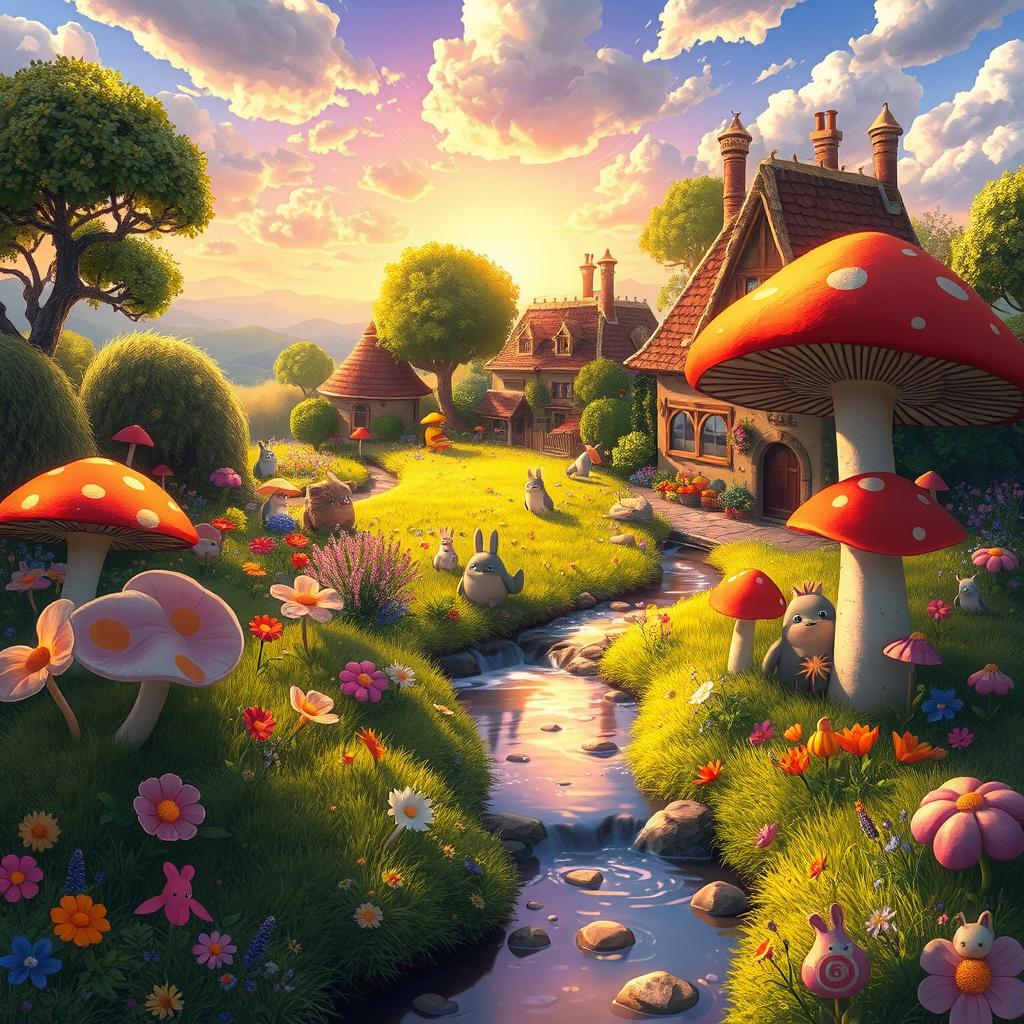 A whimsical scene filled with vibrant colors and imaginative characters reflecting the enchanting style of Studio Ghibli