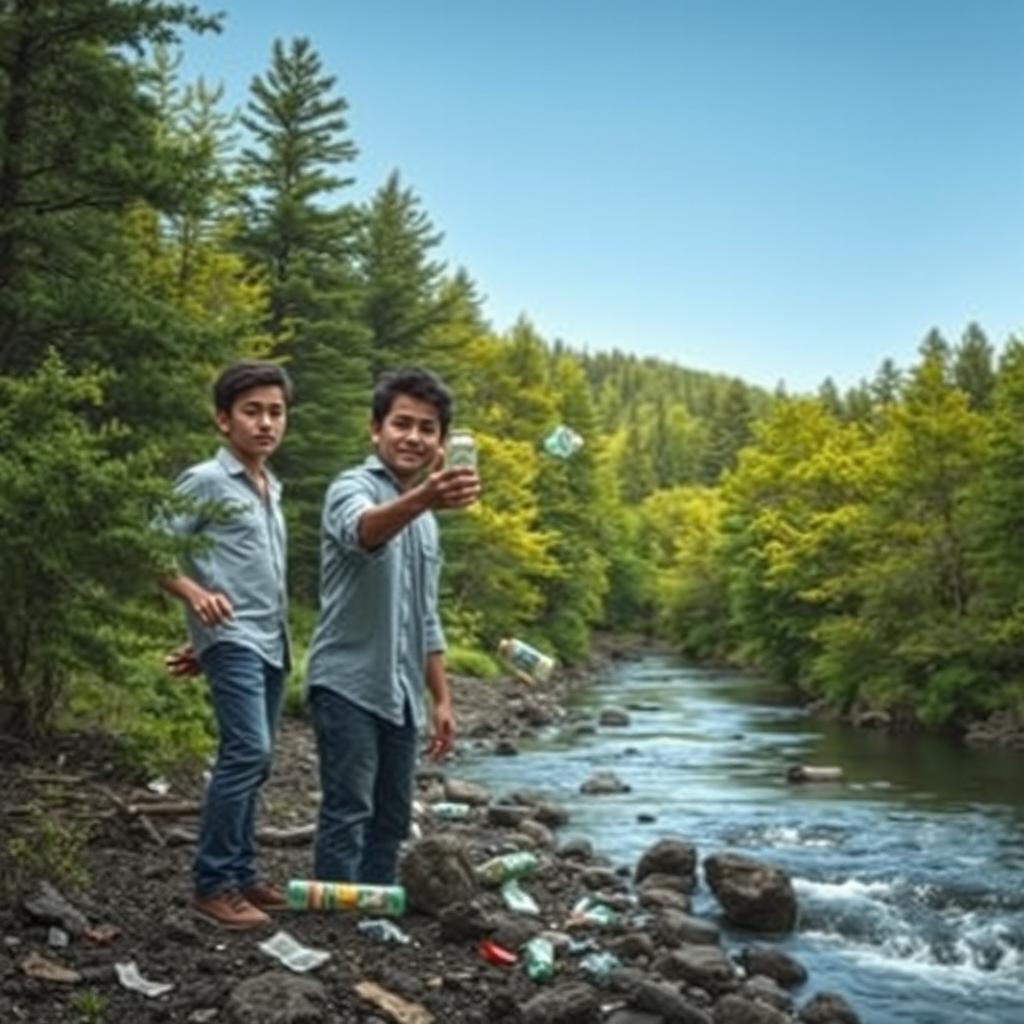 A stark and thought-provoking scene illustrating people irresponsibly littering in a natural setting, featuring a dense forest and a flowing river