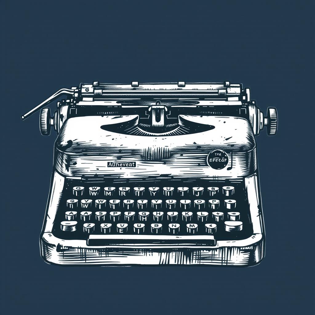 A gritty vintage typewriter rendered in a black-and-white sketch style, the details highlighting its worn keys and textured surface