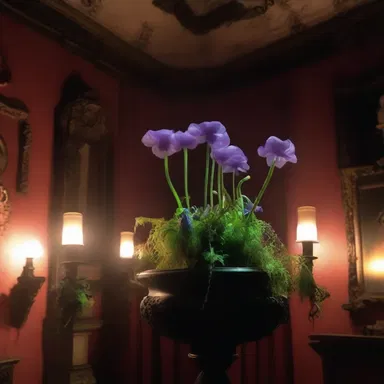 The haunted mansion was adorned with eerie anemone-like plants, casting an ominous atmosphere over the dimly lit rooms.
