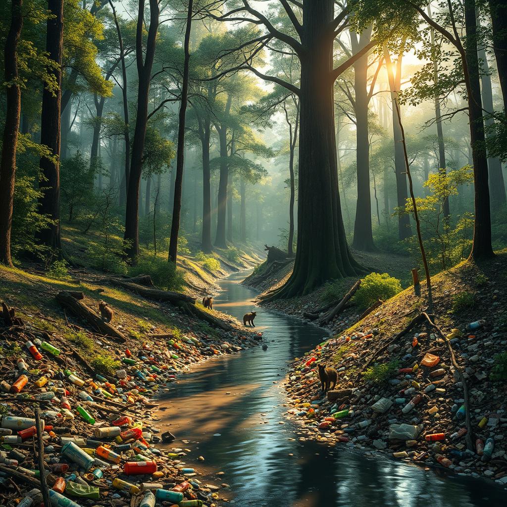 A vivid depiction of nature showcasing a forest with towering trees and a winding river