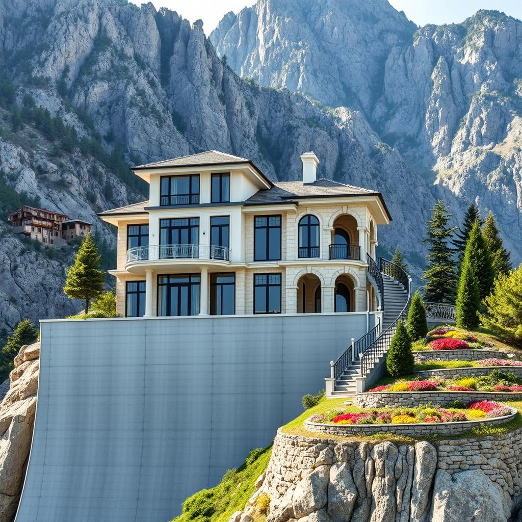 A majestic two-story house nestled in the foothills of tall mountains, positioned on a 4-meter high concrete wall