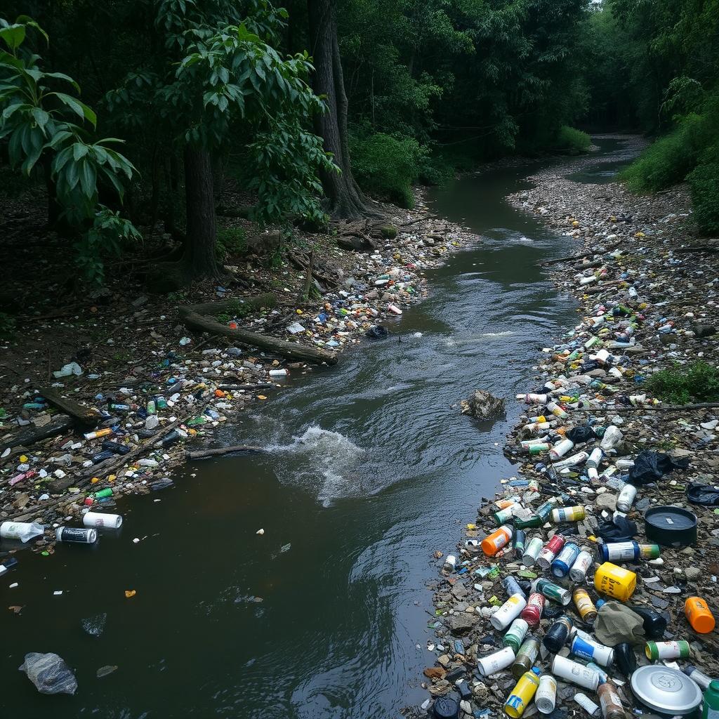 A polluted natural landscape featuring a forest and a river filled with trash and debris