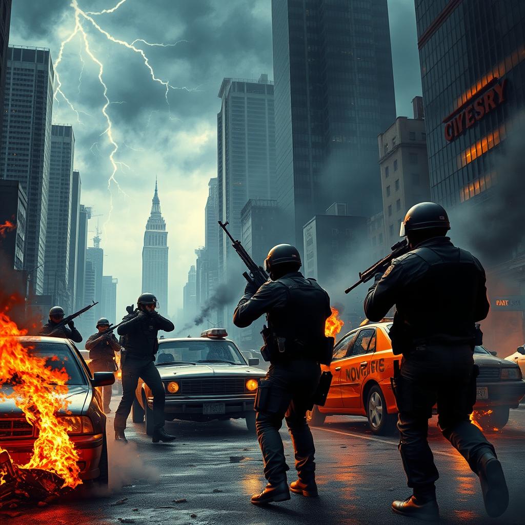 A dramatic scene depicting a dystopian cityscape where chaos reigns
