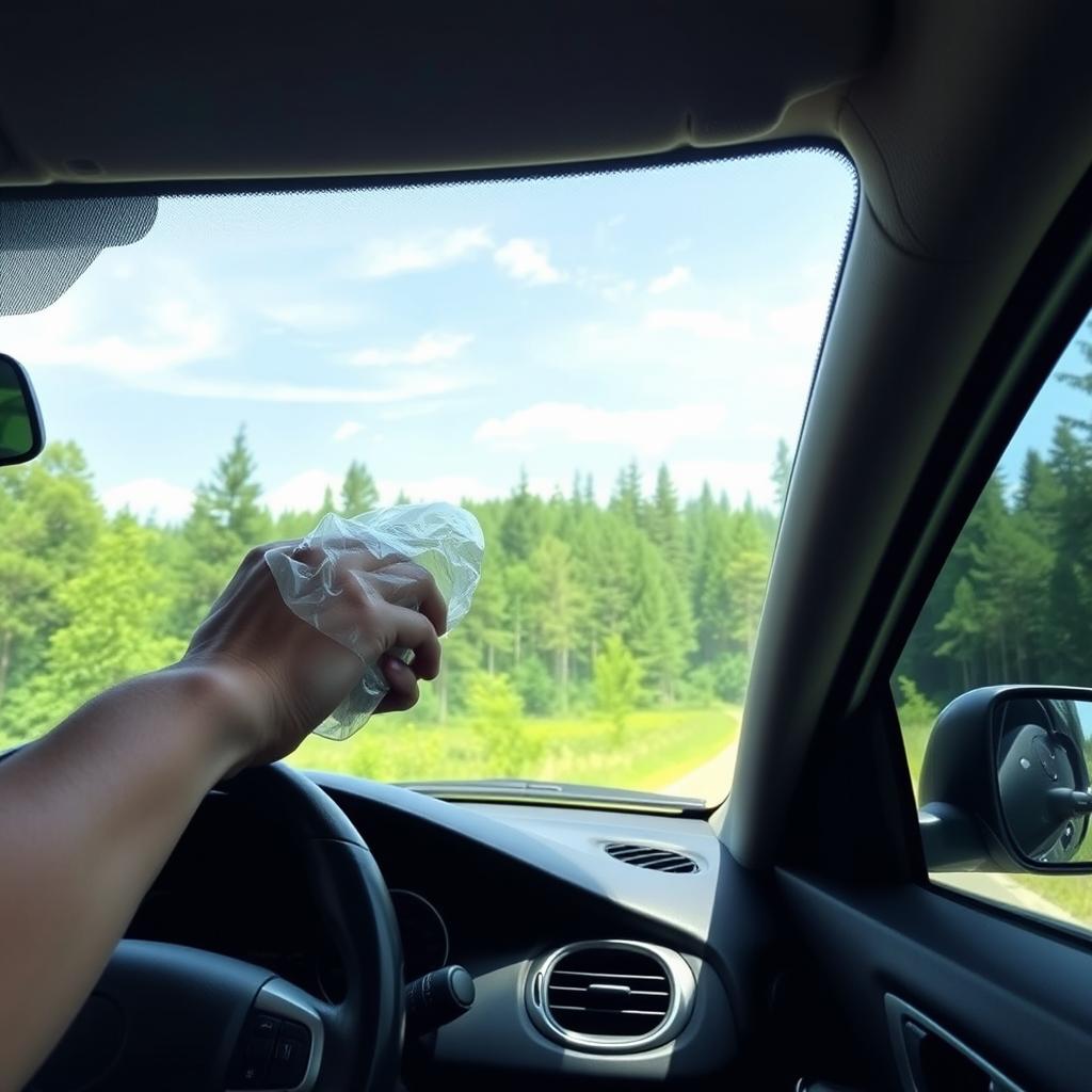 A scene from inside a car showing a person throwing trash out of the window into a natural landscape