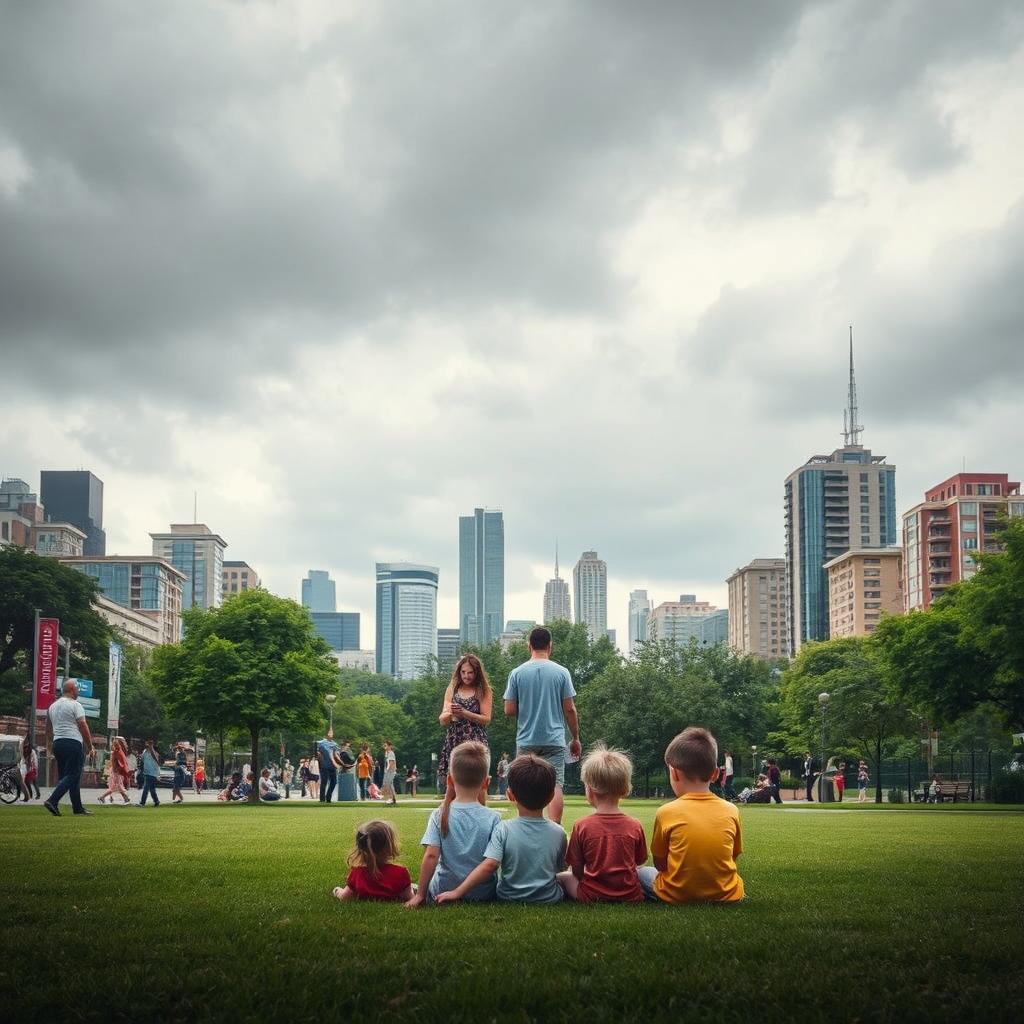 A visual representation illustrating the theme of the incorrect upbringing of the young generation, featuring a contrasting scene of a chaotic urban environment where children are engrossed in their electronic devices, ignoring the real world around them