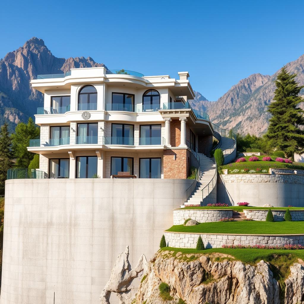 A magnificent two-story house located on a high concrete wall measuring 4 meters, nestled at the foot of tall mountains