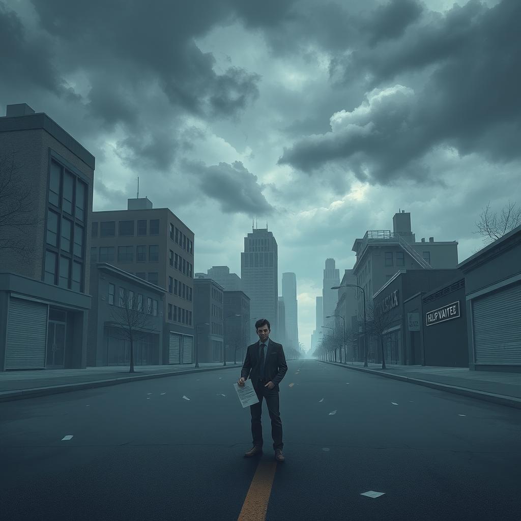 An abstract representation of unemployment and lack of work, featuring a somber cityscape with empty office buildings and closed storefronts