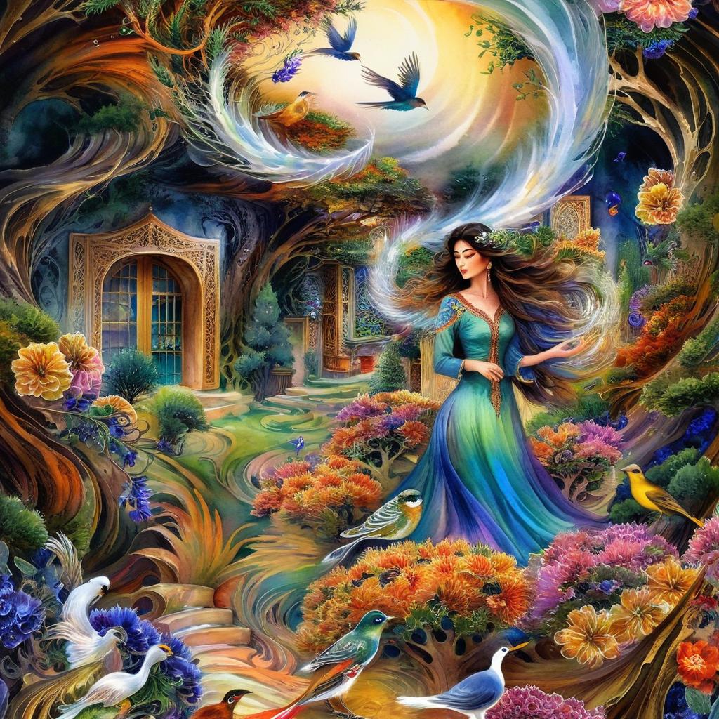 A mystical and spiritual watercolor painting of a beautiful Iranian woman standing inside a beautiful Iranian home amidst a swirl of colorful flowers, a maze of asymmetrical bonsai trees, cypress trees, grapevines, a whirlwind of beautiful little birds, and silk carpets in shades of green, blue, and yellow.