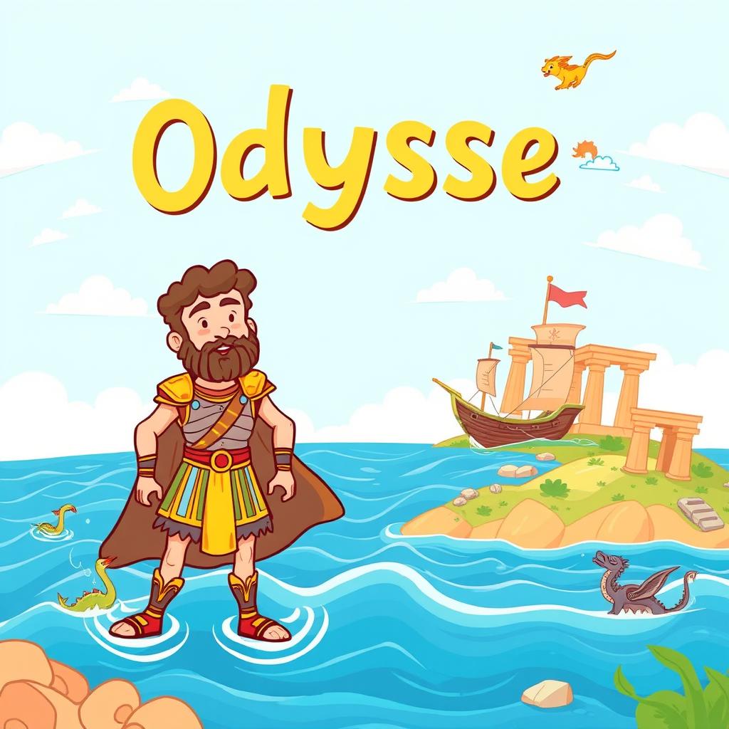 A whimsical and colorful illustration of Odysseus, the legendary Greek hero, on his adventurous journey
