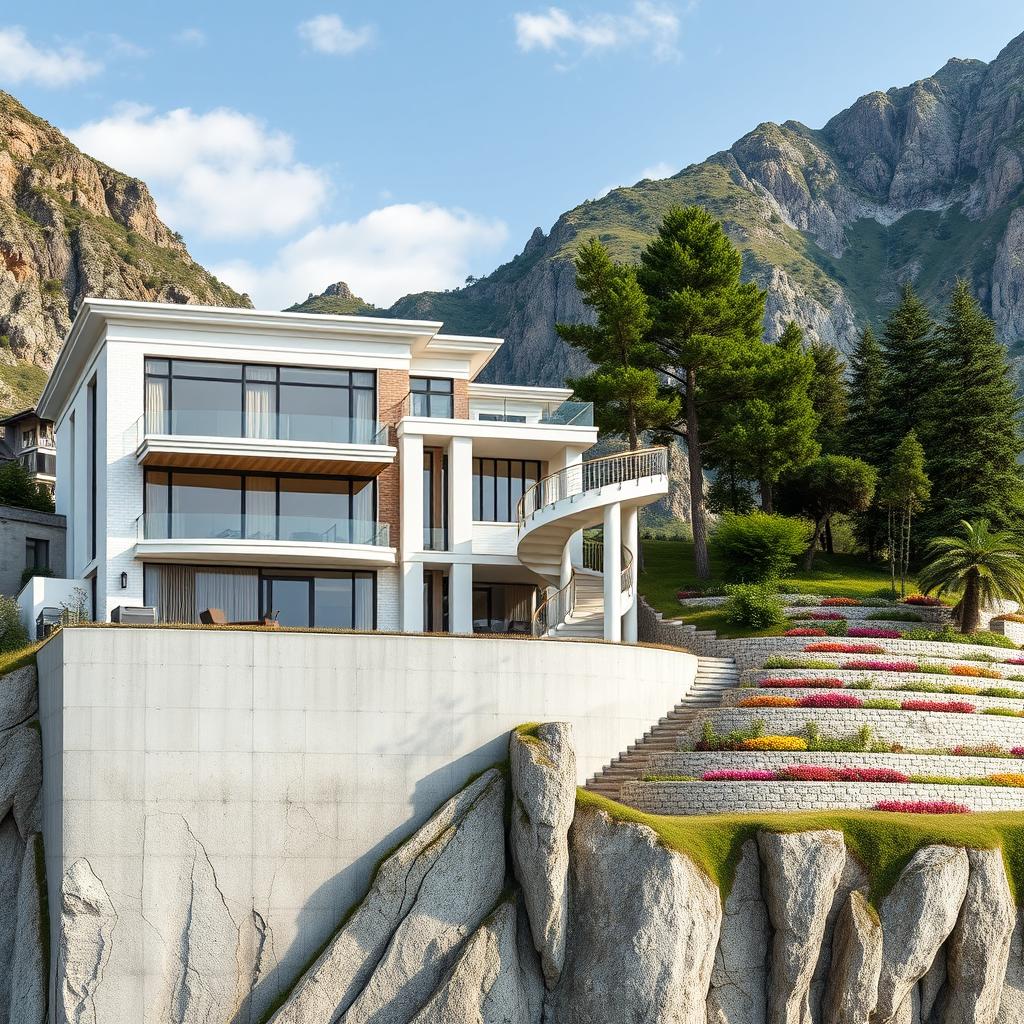 A luxurious two-story house located on the slopes of tall mountains, situated on a 4-meter high concrete wall