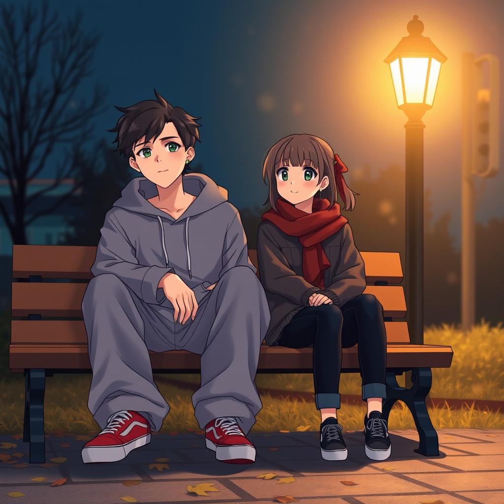An anime-style illustration featuring two characters, a young man and woman sitting on a bench outdoors in the autumn evening