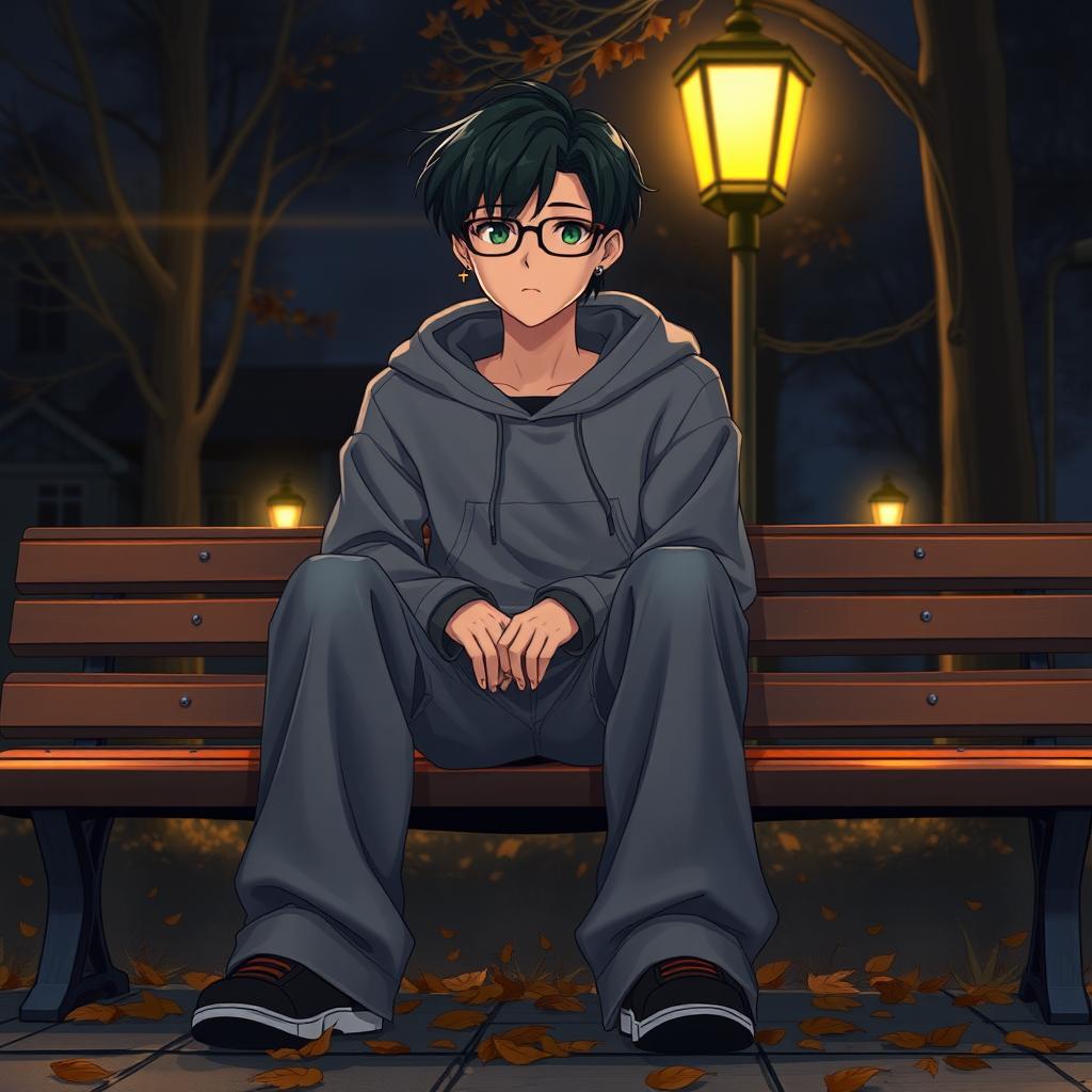 A digital anime-style illustration of a young man sitting on a bench during a dark autumn evening