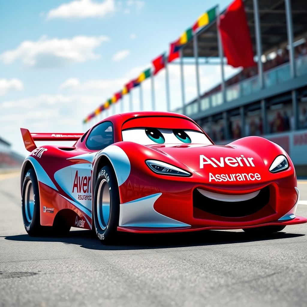 A fun, sporty cup car designed in a vibrant red and white color scheme, featuring the Avenir Assurance logo prominently displayed on the body