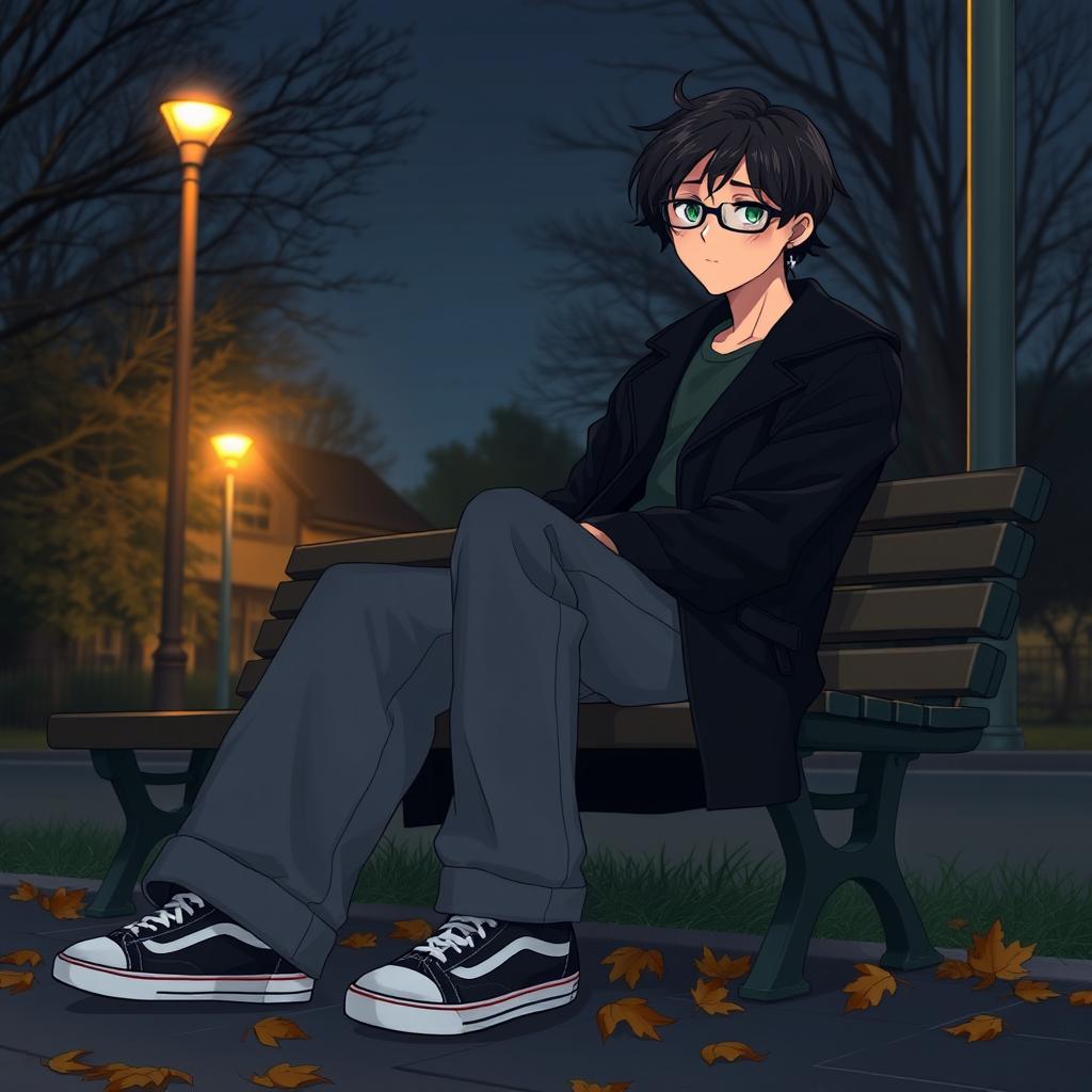 A digital anime-style illustration of a young man sitting on a bench during a dark autumn evening
