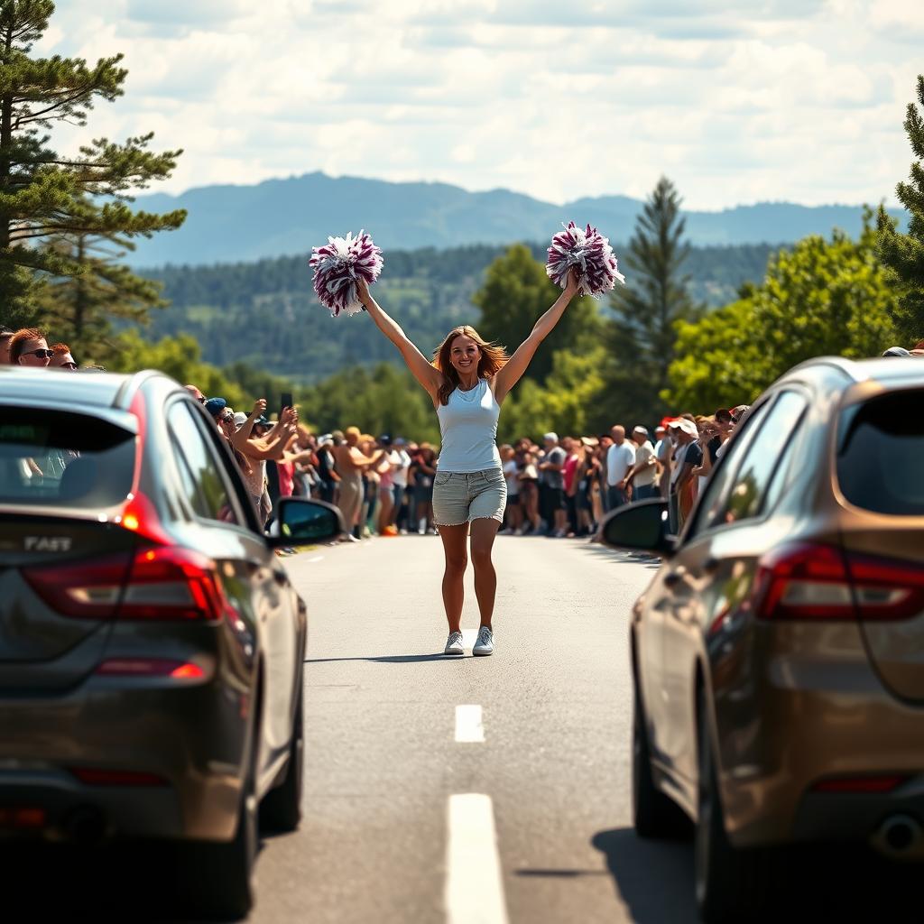Two cars racing towards each other, one speeding in one direction and the other in the opposite direction