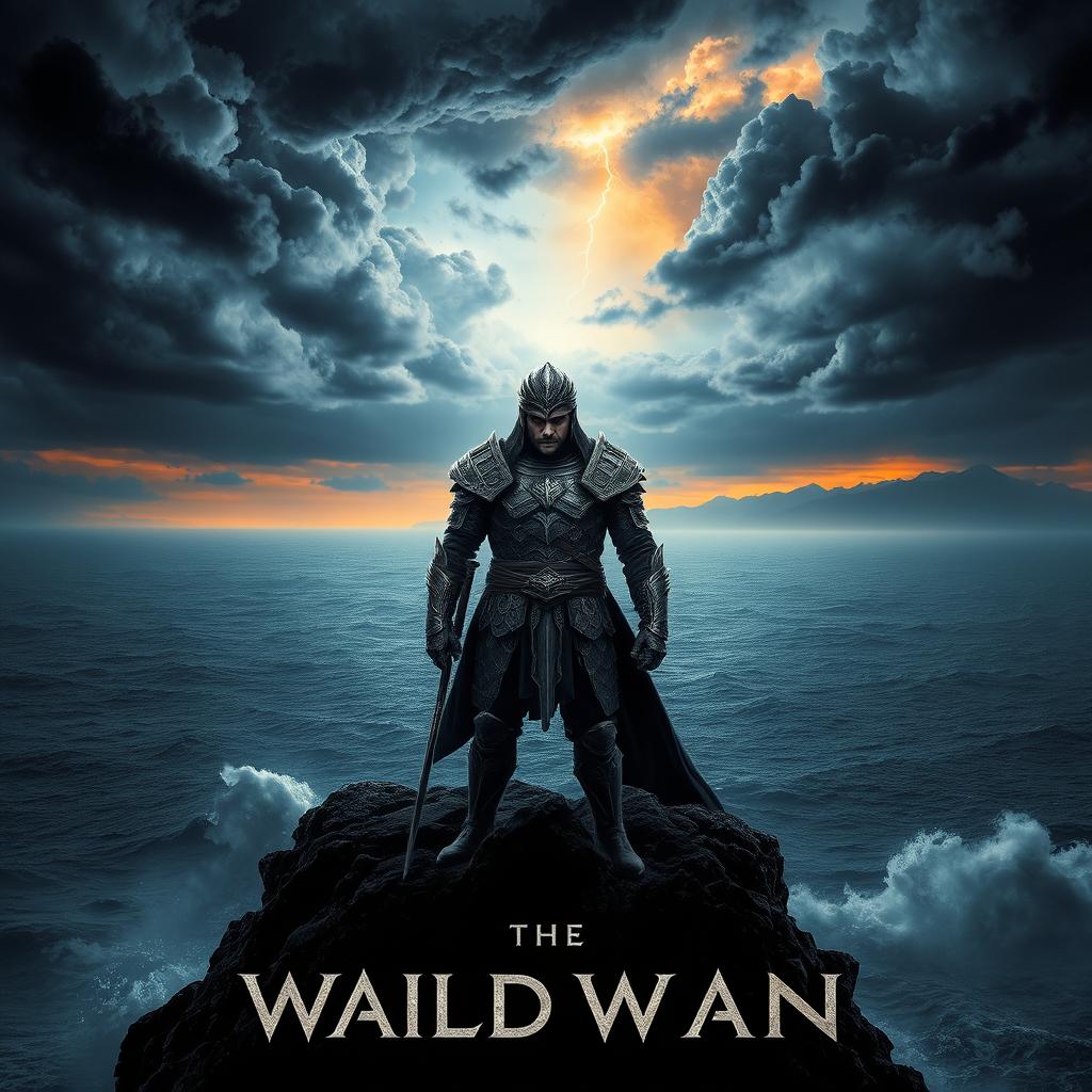 A dramatic and visually captivating movie poster featuring a lone warrior standing on a cliff overlooking a vast, stormy ocean