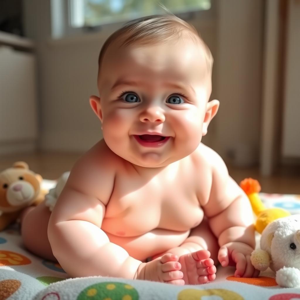 A cute, chubby baby with adorable muscle definition, sitting on a soft, colorful play mat