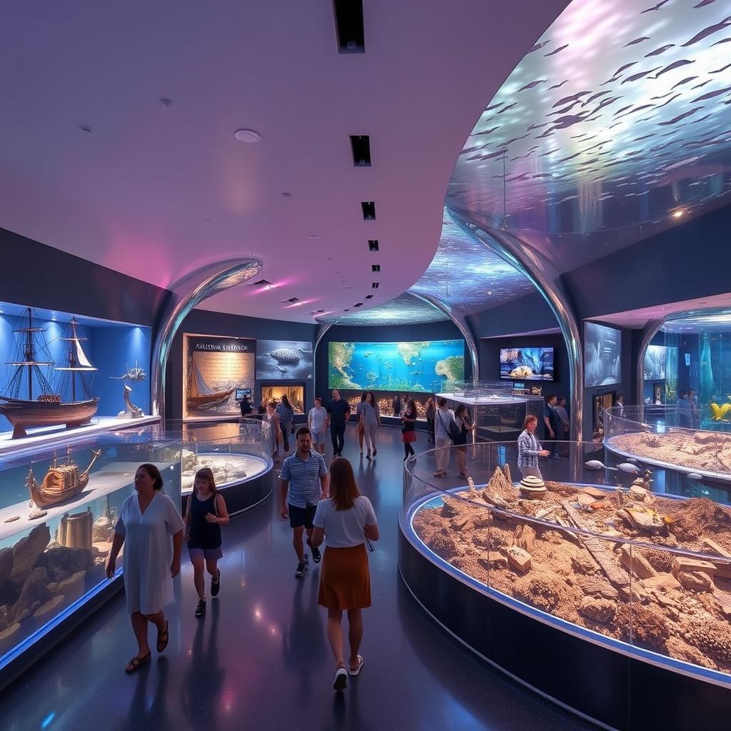 A simulation of a modern, elegant, and globally-inspired oval glass aquarium exhibition