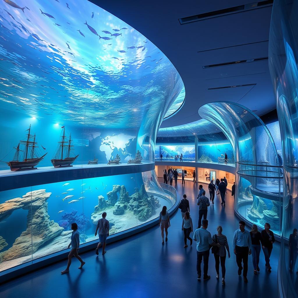 A simulation of an oval-shaped glass marine exhibition with a sleek, modern design showcasing a global style