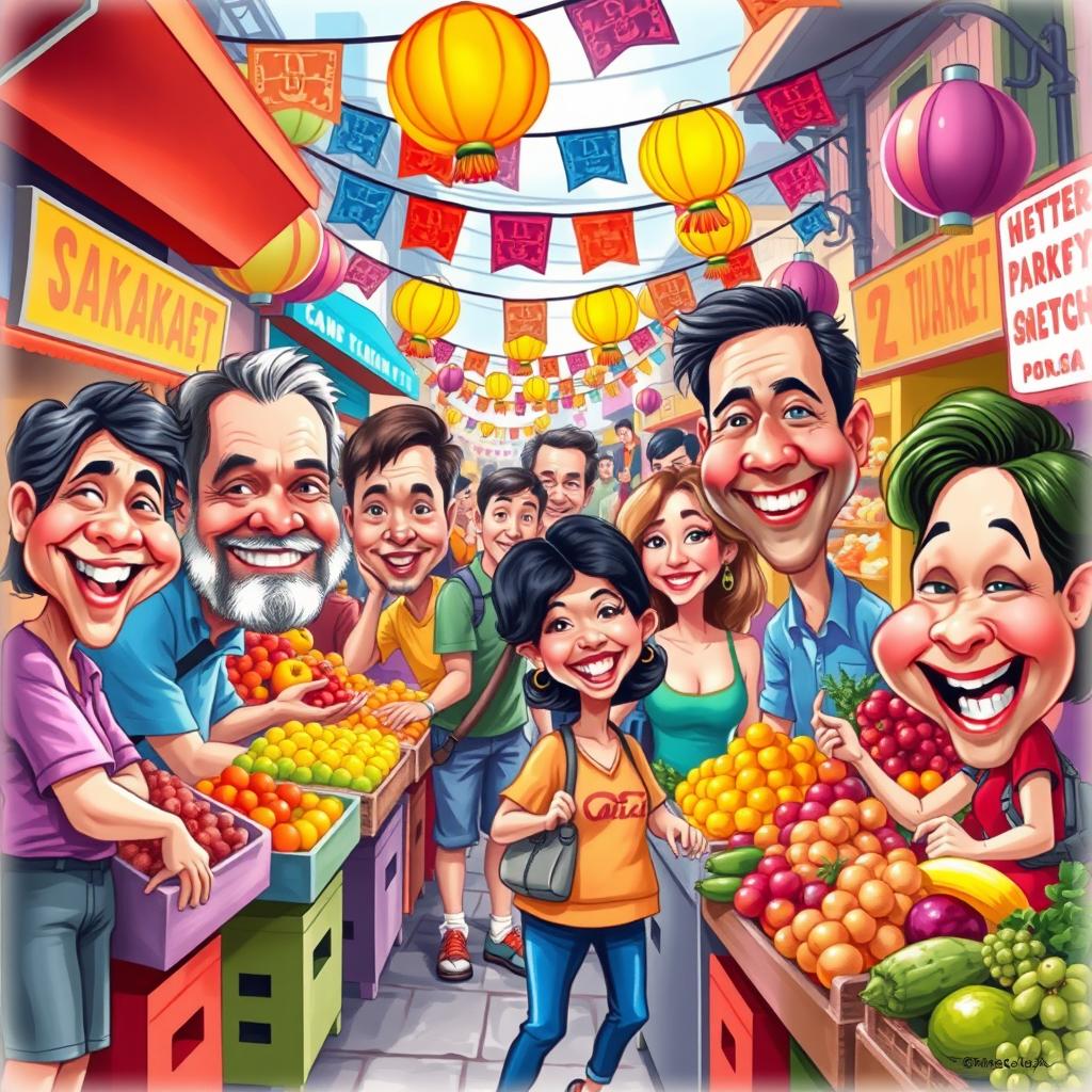 A colorful caricature of a lively street market, bustling with people