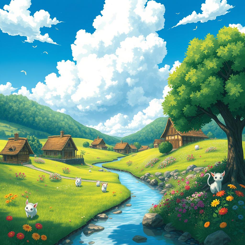 A serene landscape depicting a whimsical village reminiscent of the Studio Ghibli style, with lush green hills and vibrant flowers, quaint houses with thatched roofs, and a clear blue sky filled with fluffy white clouds