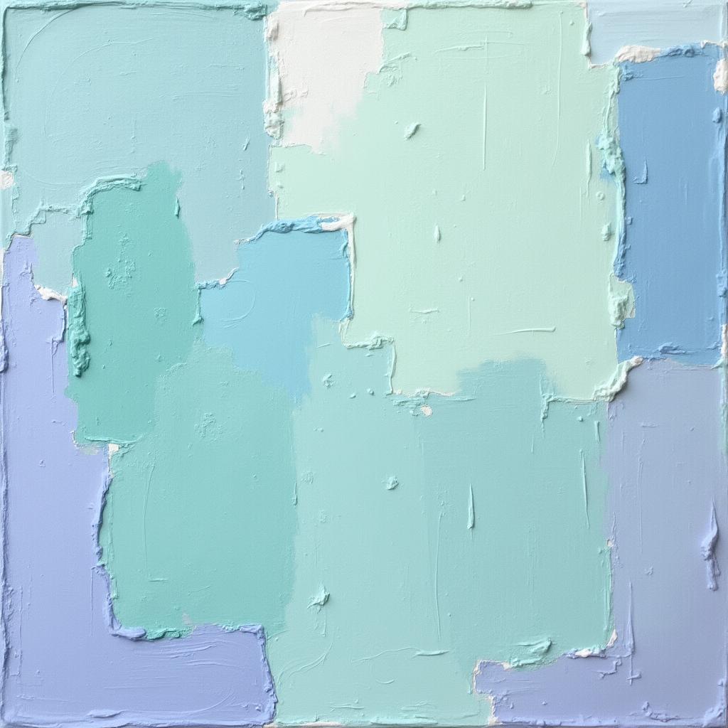 An abstract painting featuring swabs of colors applied thickly on canvas, showcasing visible details of paint texture and layers