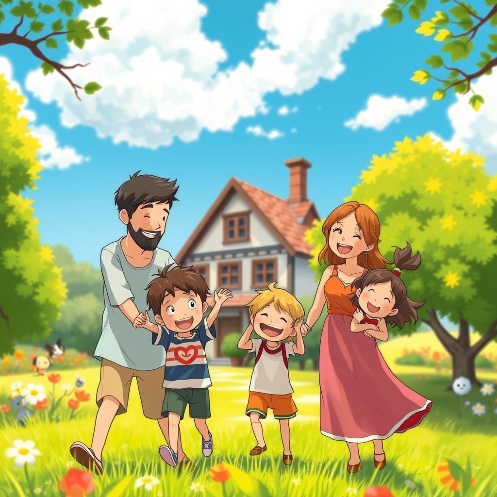 A joyful family gathering in a Studio Ghibli style, depicting a warm, vibrant scene with a loving family of four