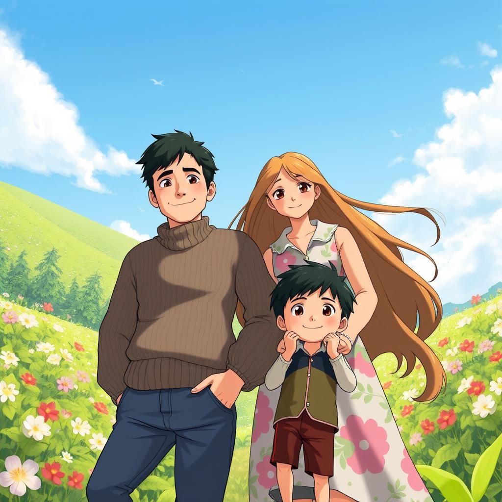 A warm and enchanting family portrait in the Studio Ghibli style, featuring a father, mother, and their young son