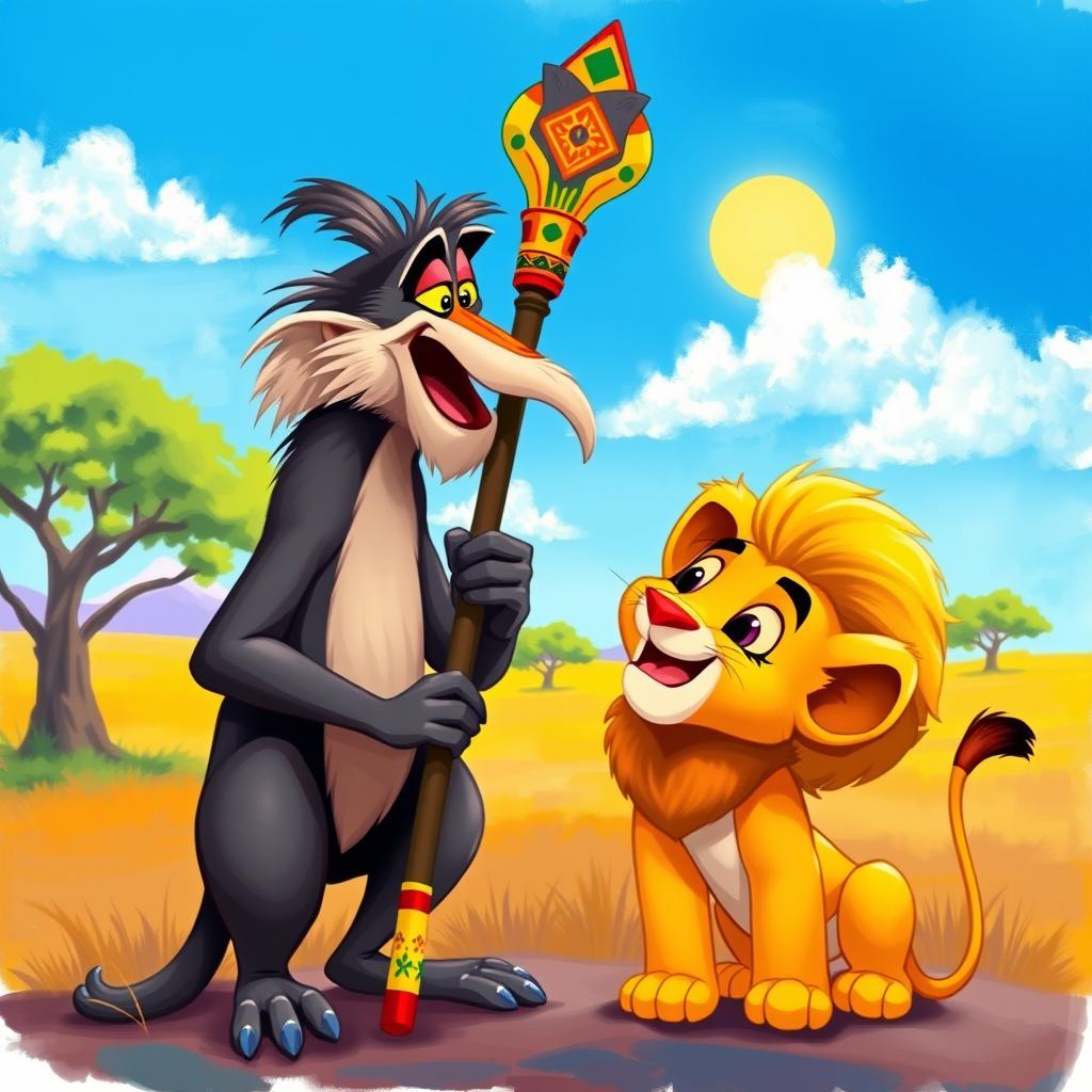 A whimsical and vibrant illustration featuring Rafiki, the wise mandrill from Disney's The Lion King, and Simba, the noble lion, joyfully interacting