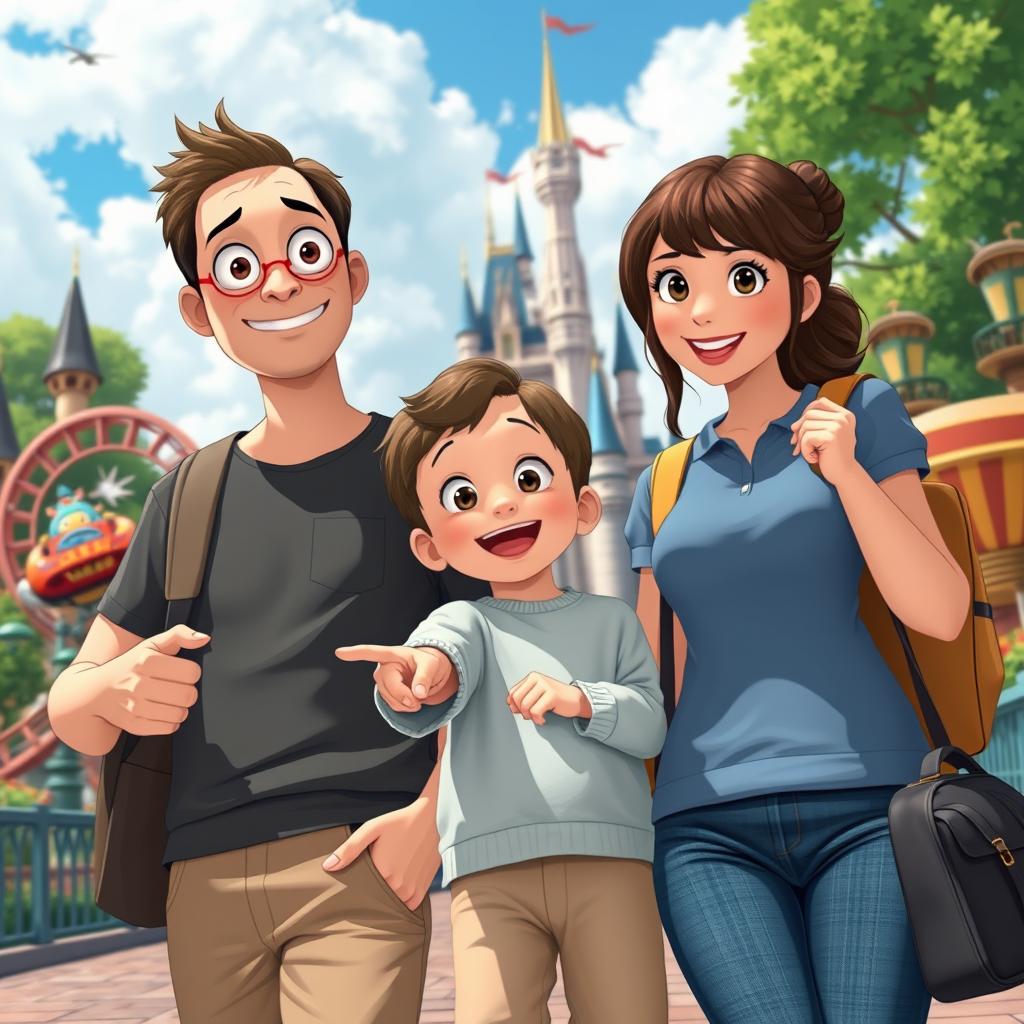 A heartfelt Studio Ghibli style family portrait featuring a father, mother, and their young son joyfully exploring Disneyland