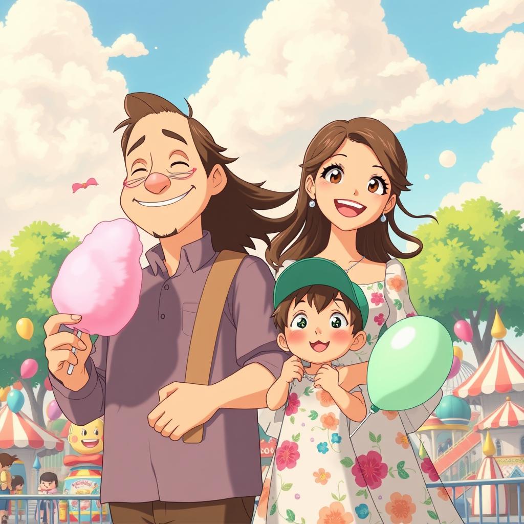 A whimsical family portrait in the enchanting Studio Ghibli style, featuring a father, mother, and their young son enjoying a delightful day at an amusement park