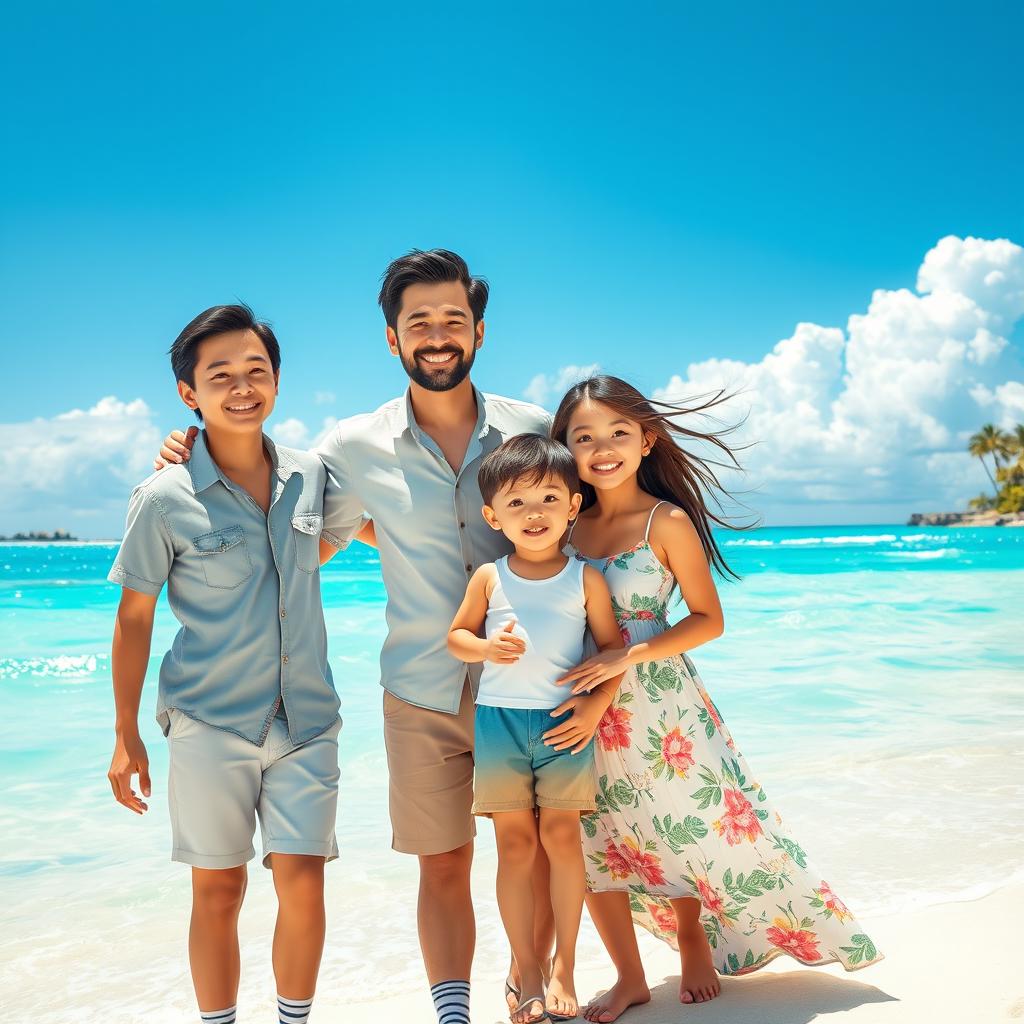 A heartwarming family portrait inspired by Studio Ghibli, featuring a father, mother, and son joyfully standing together on a beautiful beach in Boracay, Philippines