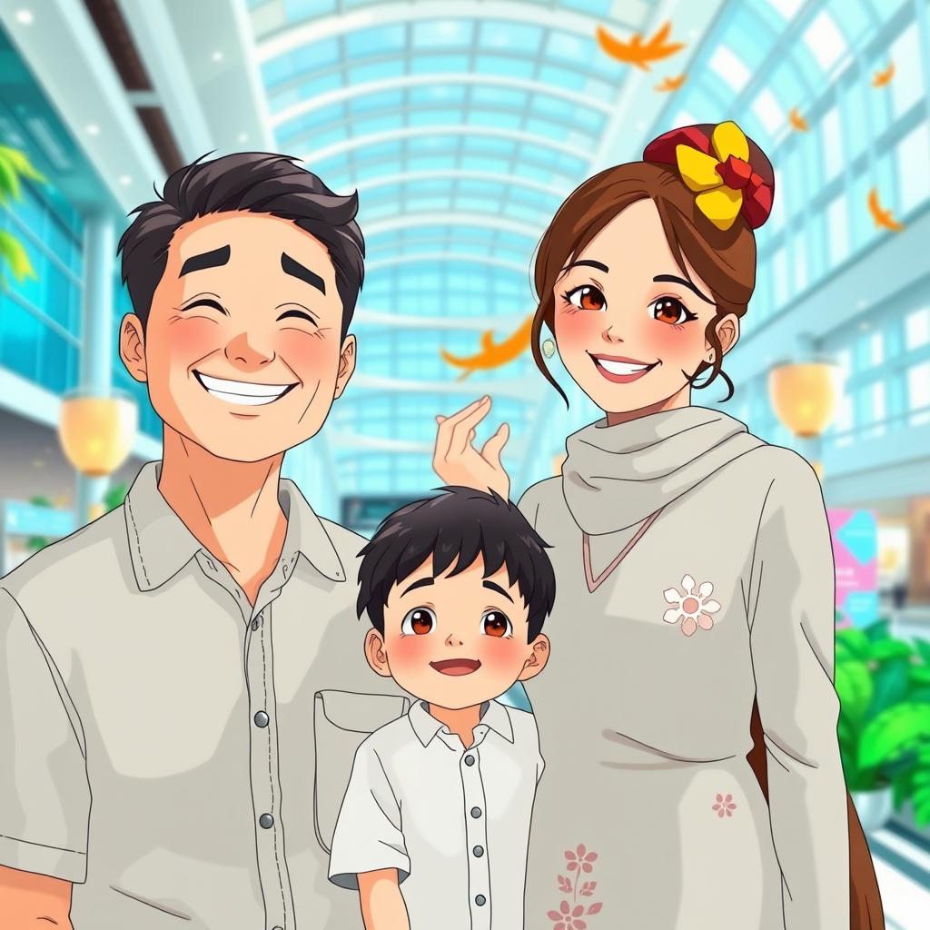 A heartwarming, Studio Ghibli-style family portrait featuring a father, mother, and son at Hamad International Airport in Doha, Qatar
