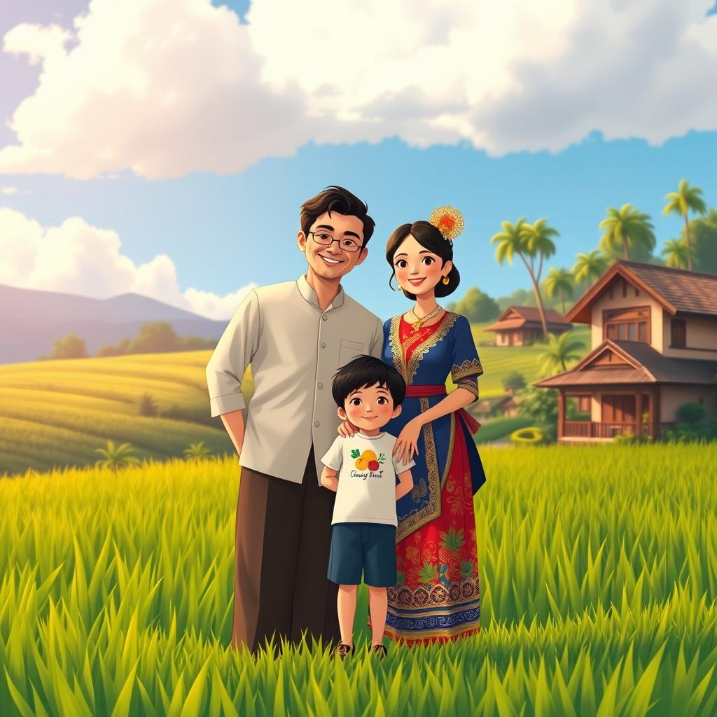 A picturesque family portrait in the stunning style of Studio Ghibli, featuring a happy Daddy, Mommy, and their son
