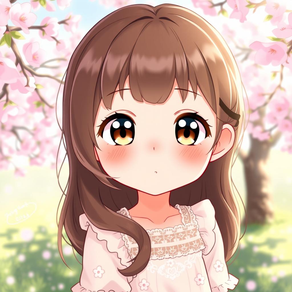 A cute shy anime girl with soft, wavy brown hair cascading down to her shoulders