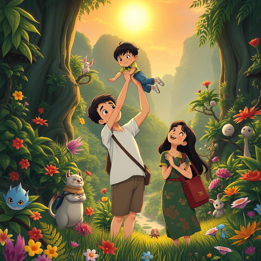 A heartwarming family portrait in a Studio Ghibli style featuring Daddy, Mommy, and their young son