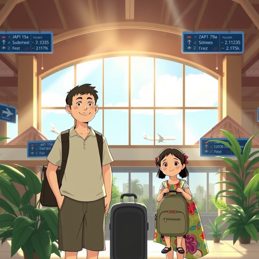 A heartwarming family portrait in the iconic Studio Ghibli style, featuring a father, mother, and their young son at an airport in the Philippines
