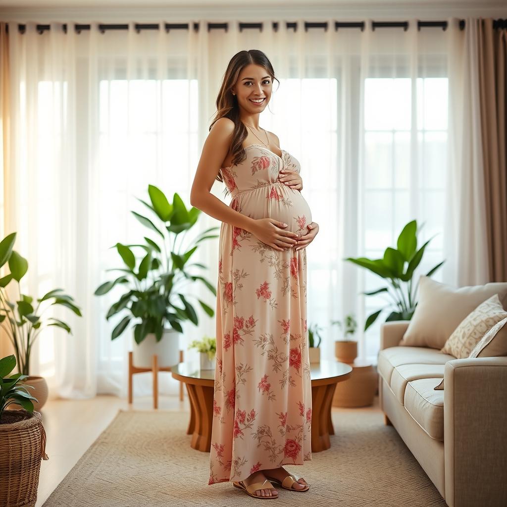A beautiful scene featuring a stylish pregnant woman wearing elegant and comfortable maternity clothes